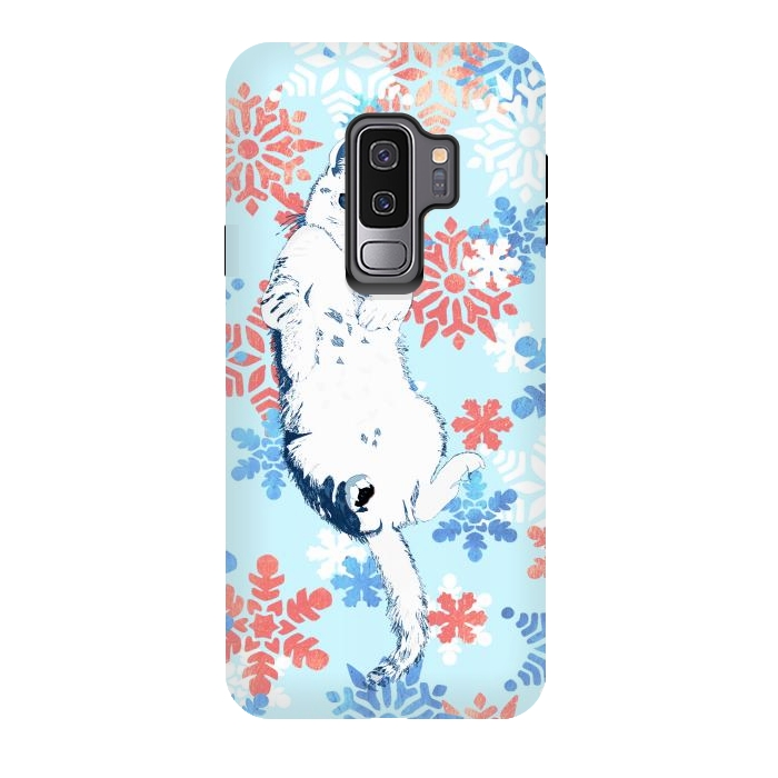 Galaxy S9 plus StrongFit White cat and blue white gold snowflakes by Oana 