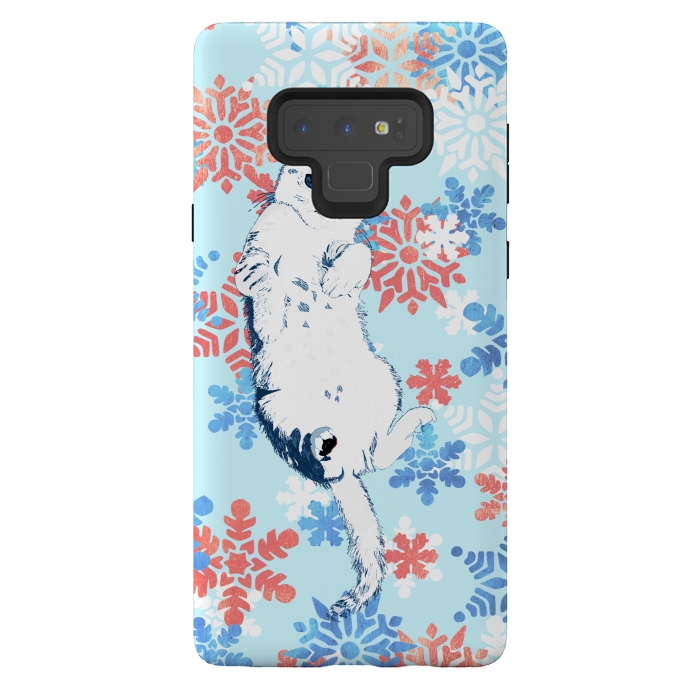 Galaxy Note 9 StrongFit White cat and blue white gold snowflakes by Oana 