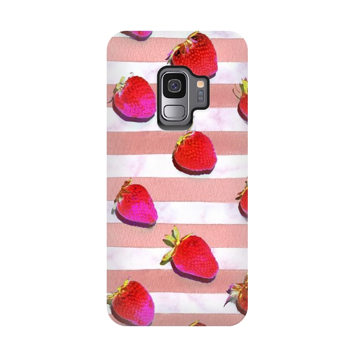 Galaxy S9 StrongFit strawberries on watercolor painted stripes by Oana 