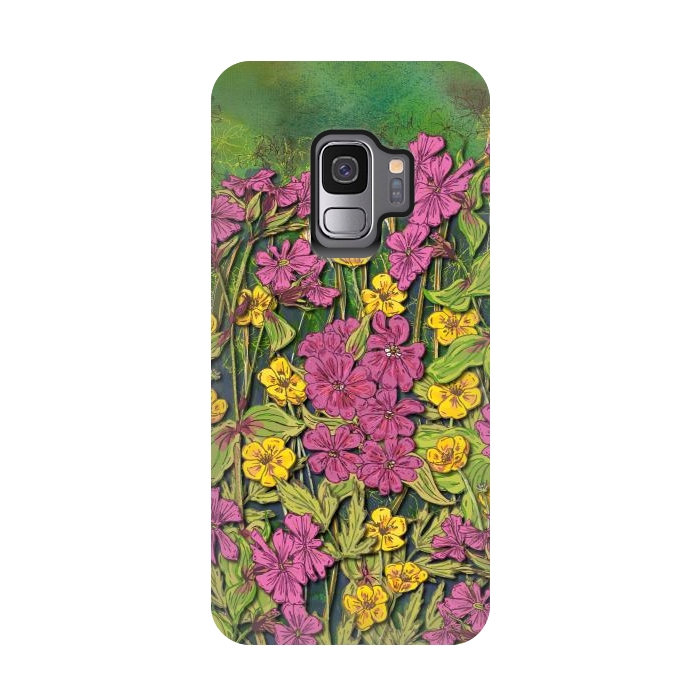 Galaxy S9 StrongFit Pink and Yellow Wildflowers by Lotti Brown