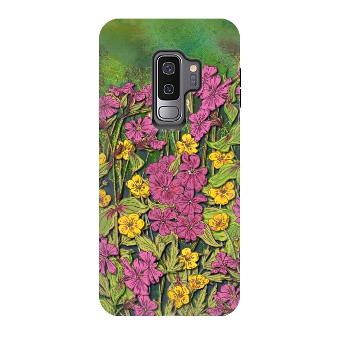 Galaxy S9 plus StrongFit Pink and Yellow Wildflowers by Lotti Brown