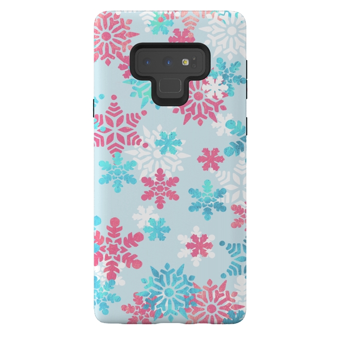 Galaxy Note 9 StrongFit Pink blue metallic snowflakes by Oana 