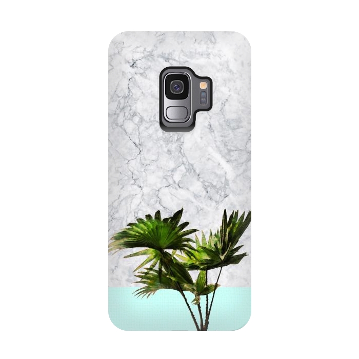Galaxy S9 StrongFit Palm Plant on Marble and Pastel Blue Wall by amini54