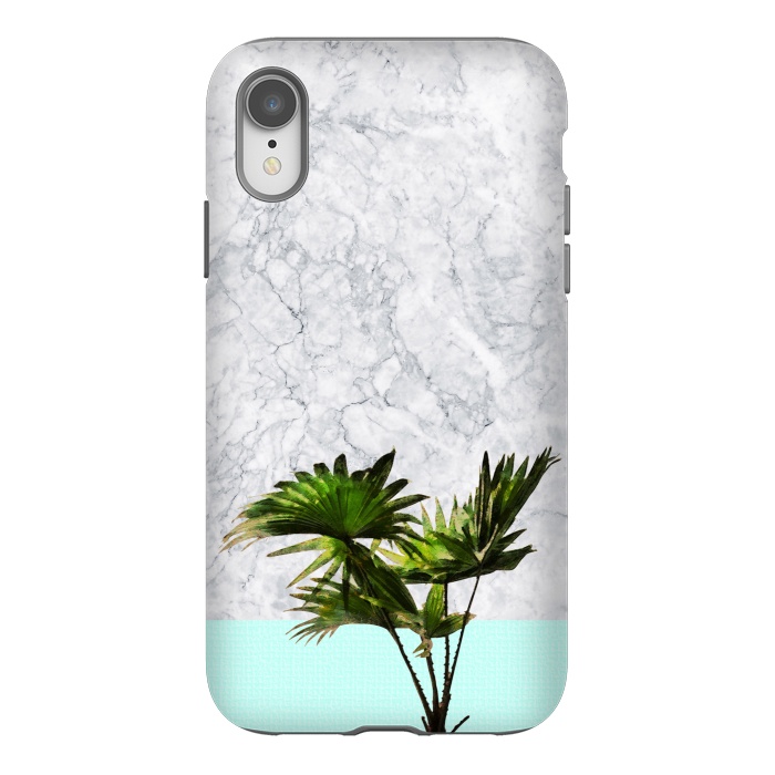 iPhone Xr StrongFit Palm Plant on Marble and Pastel Blue Wall by amini54