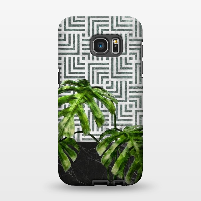 Galaxy S7 EDGE StrongFit  Monstera Leaves on Black Marble and Tiles by amini54