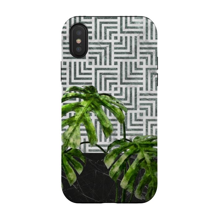 iPhone Xs / X StrongFit  Monstera Leaves on Black Marble and Tiles by amini54