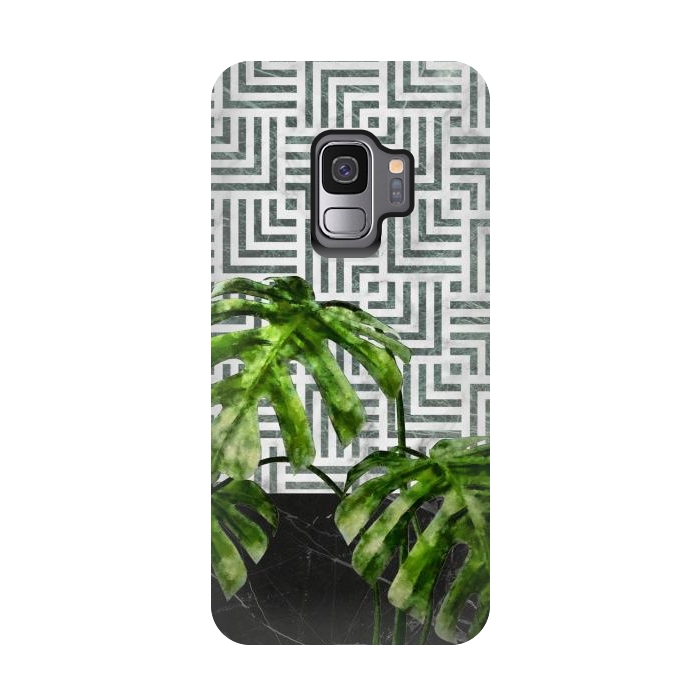 Galaxy S9 StrongFit  Monstera Leaves on Black Marble and Tiles by amini54
