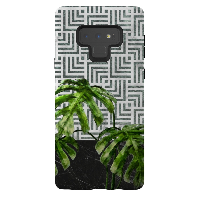 Galaxy Note 9 StrongFit  Monstera Leaves on Black Marble and Tiles by amini54