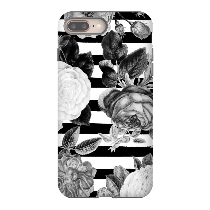 iPhone 7 plus StrongFit Black and white roses botanical illustration on black stripes by Oana 