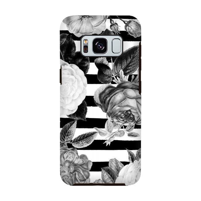 Galaxy S8 StrongFit Black and white roses botanical illustration on black stripes by Oana 