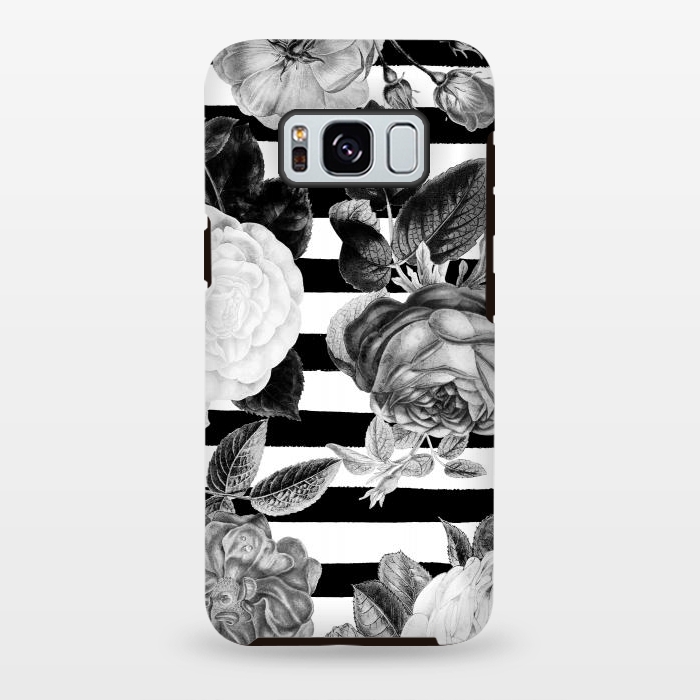 Galaxy S8 plus StrongFit Black and white roses botanical illustration on black stripes by Oana 