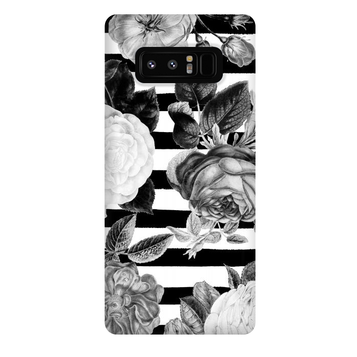 Galaxy Note 8 StrongFit Black and white roses botanical illustration on black stripes by Oana 