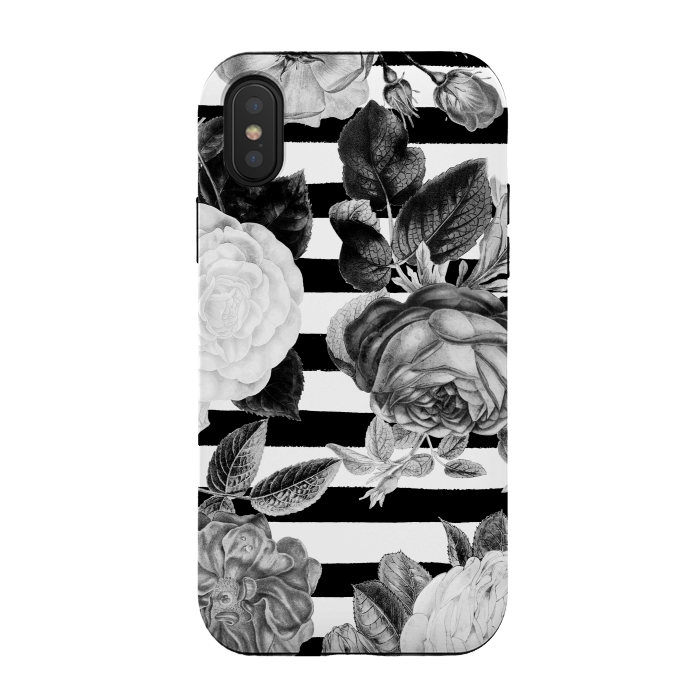 iPhone Xs / X StrongFit Black and white roses botanical illustration on black stripes by Oana 