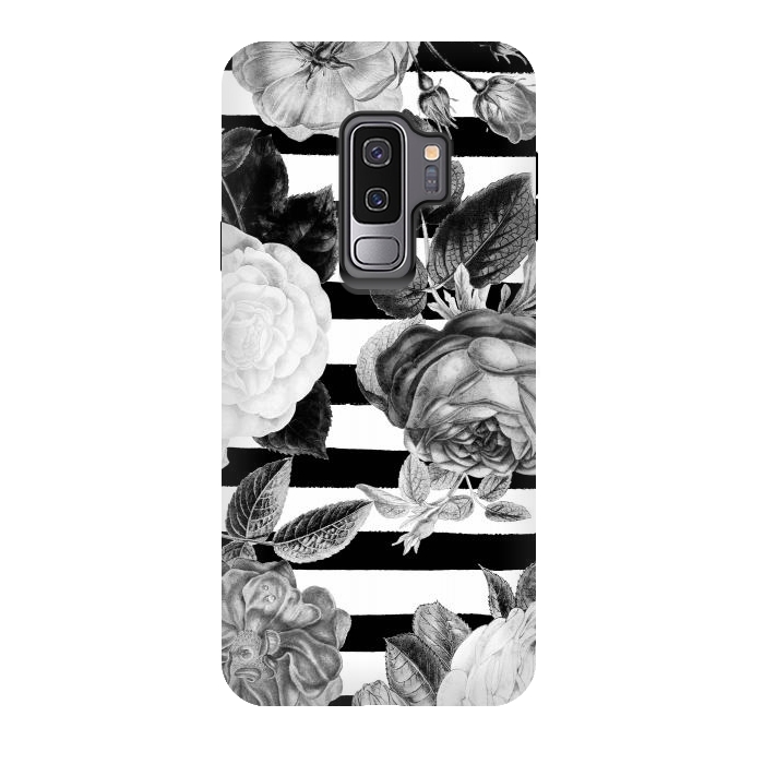 Galaxy S9 plus StrongFit Black and white roses botanical illustration on black stripes by Oana 