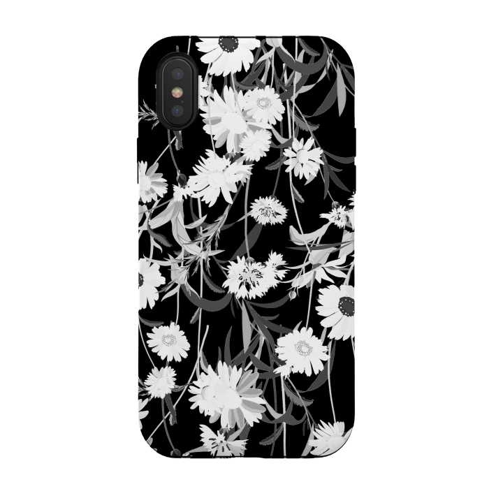 iPhone Xs / X StrongFit White daisies botanical illustration on black background by Oana 