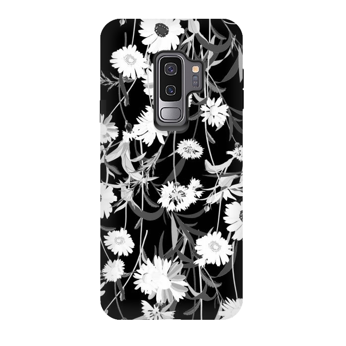 Galaxy S9 plus StrongFit White daisies botanical illustration on black background by Oana 