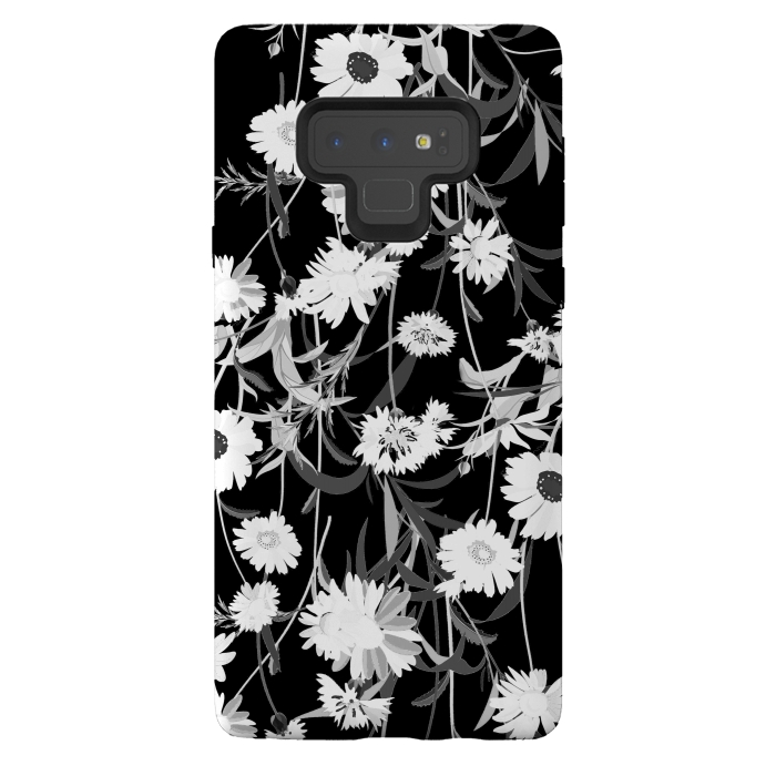 Galaxy Note 9 StrongFit White daisies botanical illustration on black background by Oana 