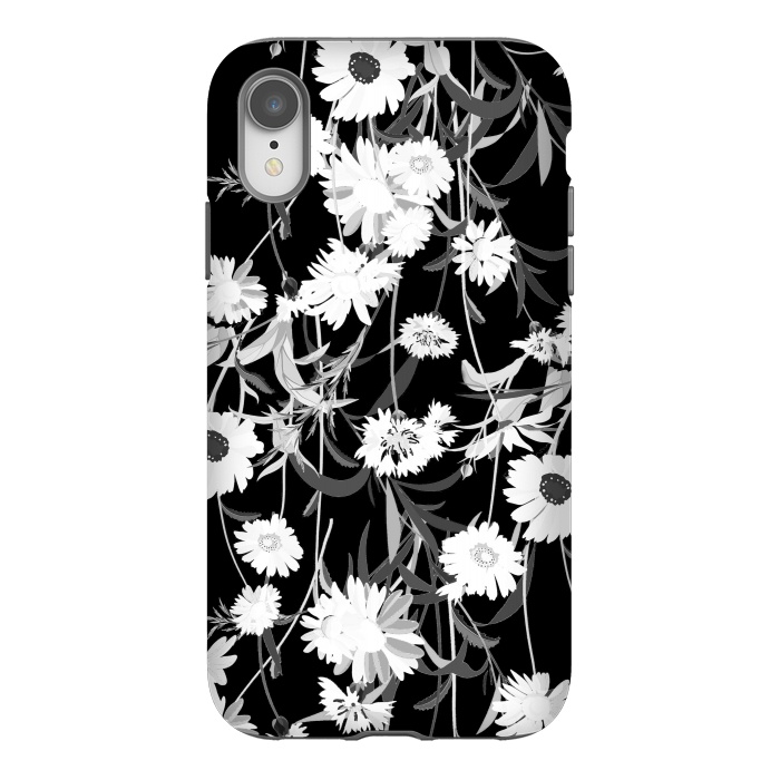 iPhone Xr StrongFit White daisies botanical illustration on black background by Oana 