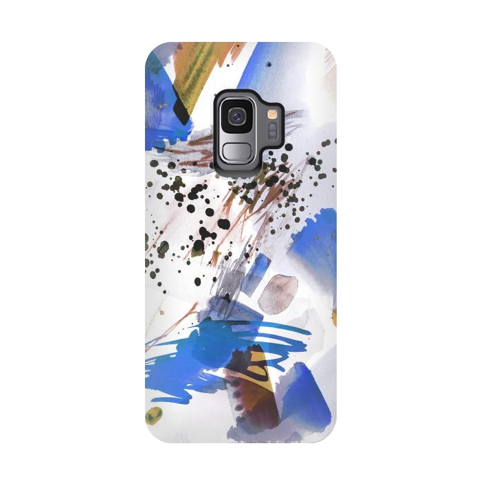 Galaxy S9 StrongFit Blue beige watercolor paint splatter by Oana 
