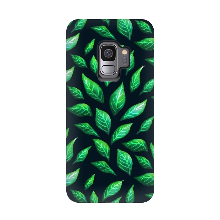 Galaxy S9 StrongFit Dark Abstract Green Leaves Pattern by Boriana Giormova
