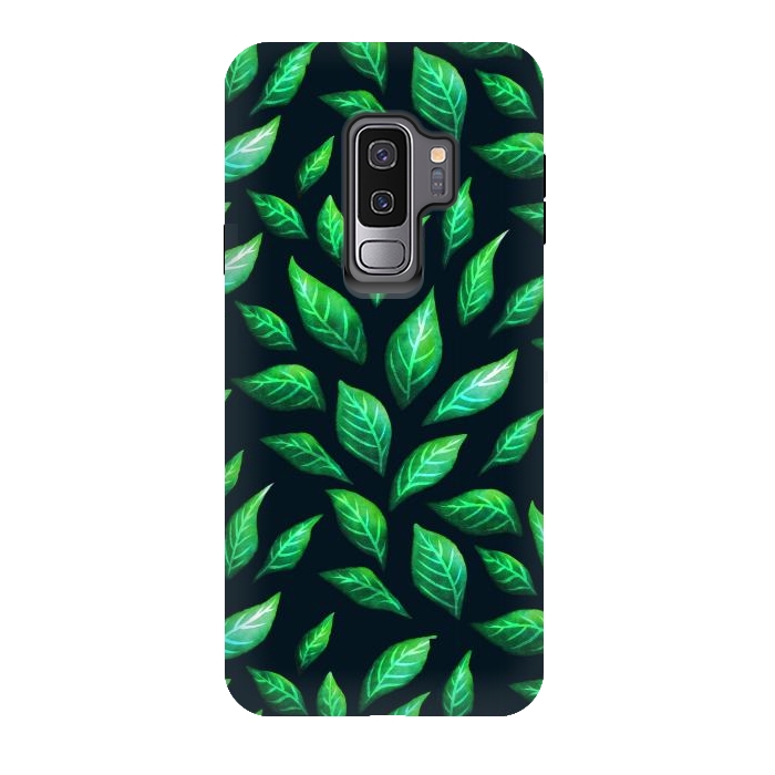 Galaxy S9 plus StrongFit Dark Abstract Green Leaves Pattern by Boriana Giormova
