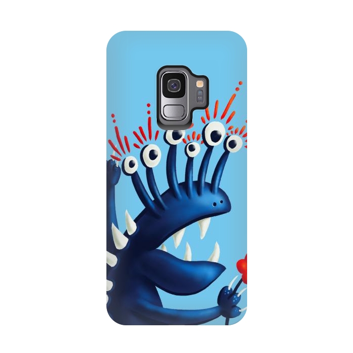 Galaxy S9 StrongFit Funny Monster In Blue With Flower by Boriana Giormova