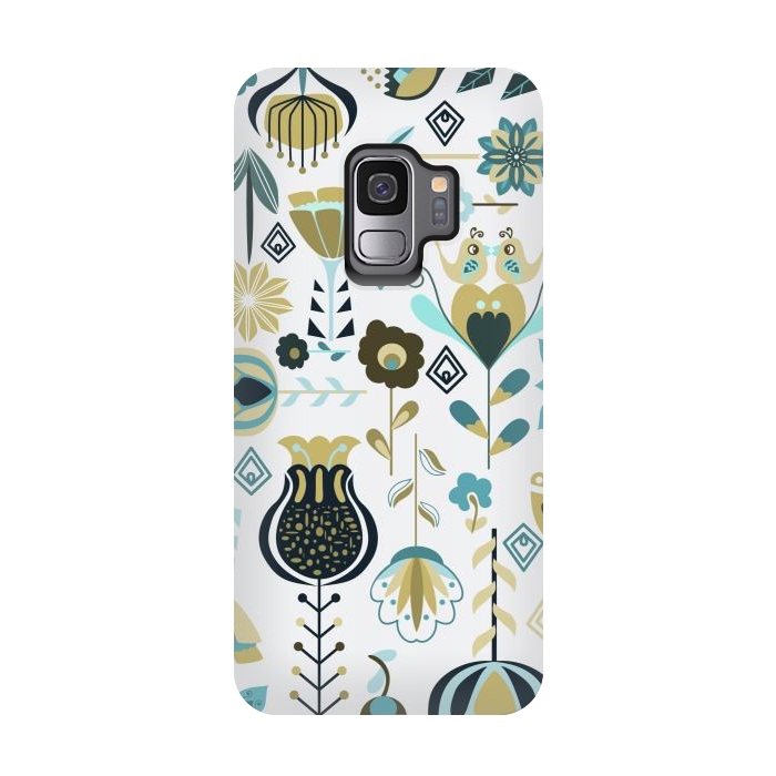 Galaxy S9 StrongFit Scandinavian Flowers in Blue and Green by Paula Ohreen