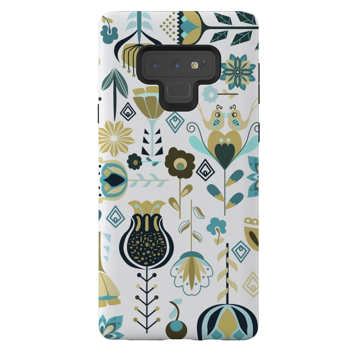 Galaxy Note 9 StrongFit Scandinavian Flowers in Blue and Green by Paula Ohreen