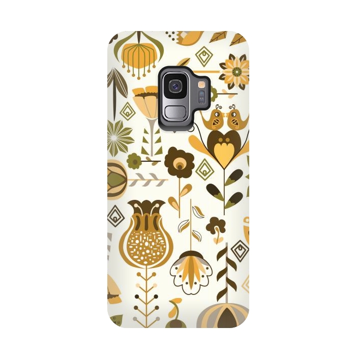 Galaxy S9 StrongFit Scandinavian Flowers in Mustard and Green by Paula Ohreen