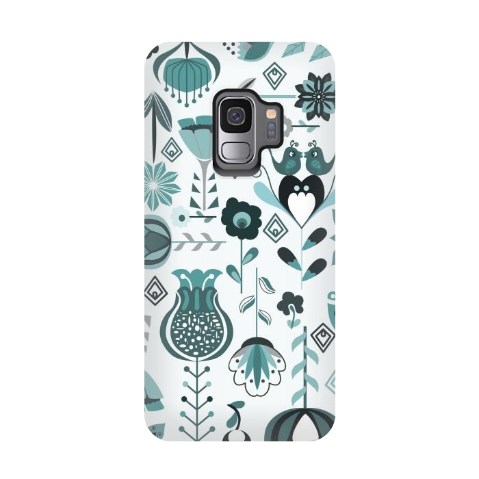 Galaxy S9 StrongFit Scandinavian Flowers in Blue and Grey by Paula Ohreen