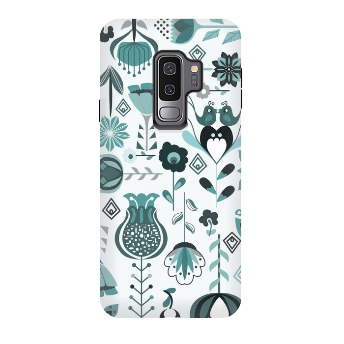 Galaxy S9 plus StrongFit Scandinavian Flowers in Blue and Grey by Paula Ohreen