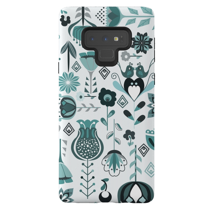 Galaxy Note 9 StrongFit Scandinavian Flowers in Blue and Grey by Paula Ohreen