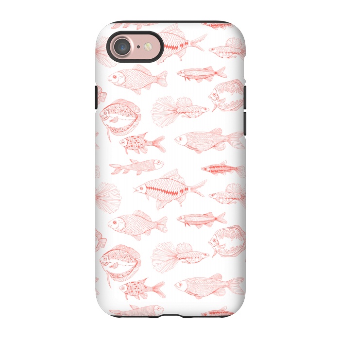 iPhone 7 StrongFit Fishes in living coral color, hand drawn pattern by Katerina Kirilova