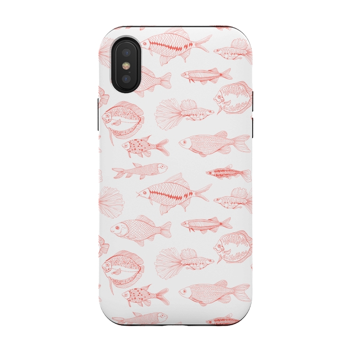 iPhone Xs / X StrongFit Fishes in living coral color, hand drawn pattern by Katerina Kirilova