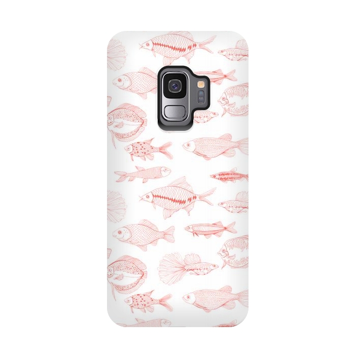 Galaxy S9 StrongFit Fishes in living coral color, hand drawn pattern by Katerina Kirilova