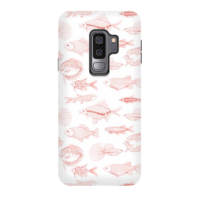 Galaxy S9 plus StrongFit Fishes in living coral color, hand drawn pattern by Katerina Kirilova