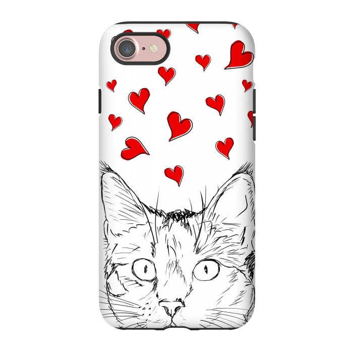 iPhone 7 StrongFit Cute line art cat and red hearts by Oana 