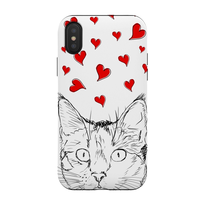 iPhone Xs / X StrongFit Cute line art cat and red hearts by Oana 