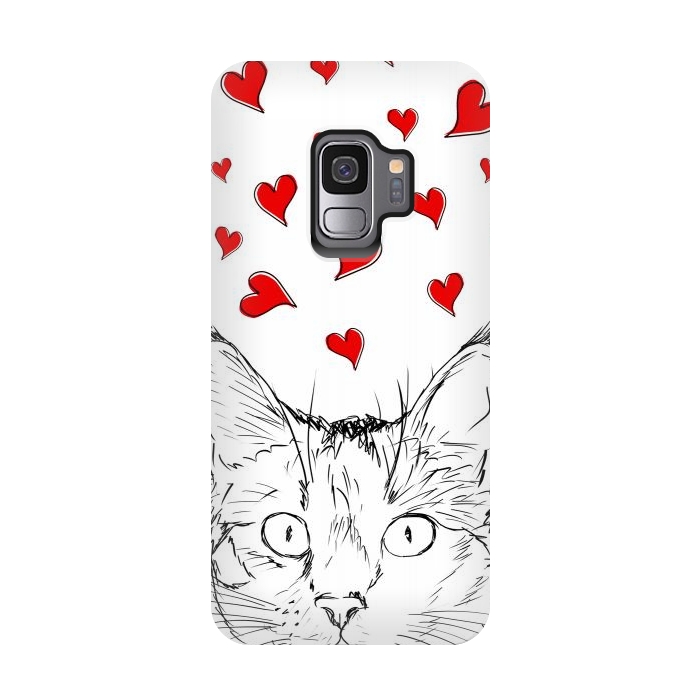 Galaxy S9 StrongFit Cute line art cat and red hearts by Oana 