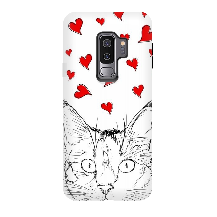 Galaxy S9 plus StrongFit Cute line art cat and red hearts by Oana 