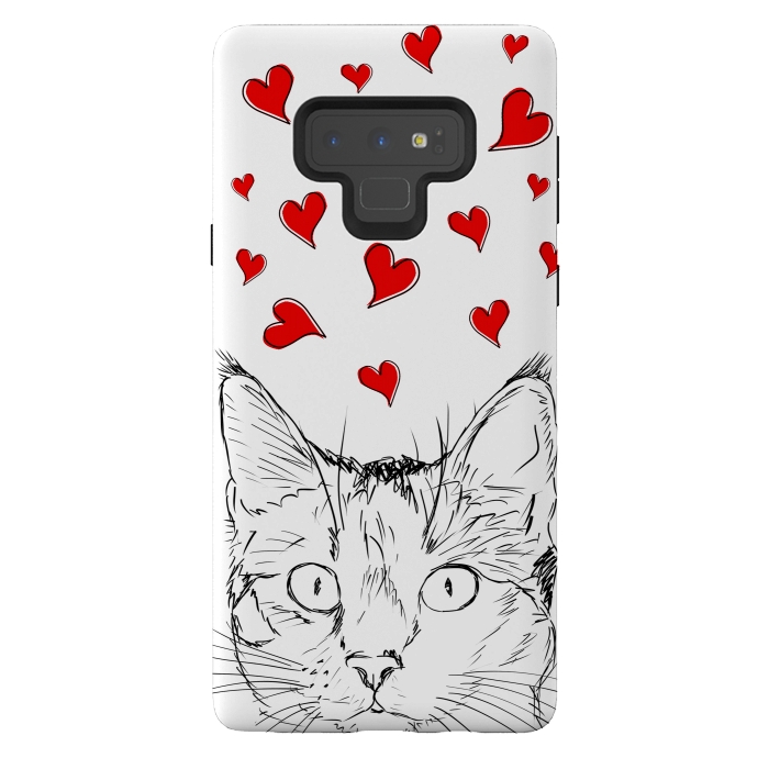 Galaxy Note 9 StrongFit Cute line art cat and red hearts by Oana 