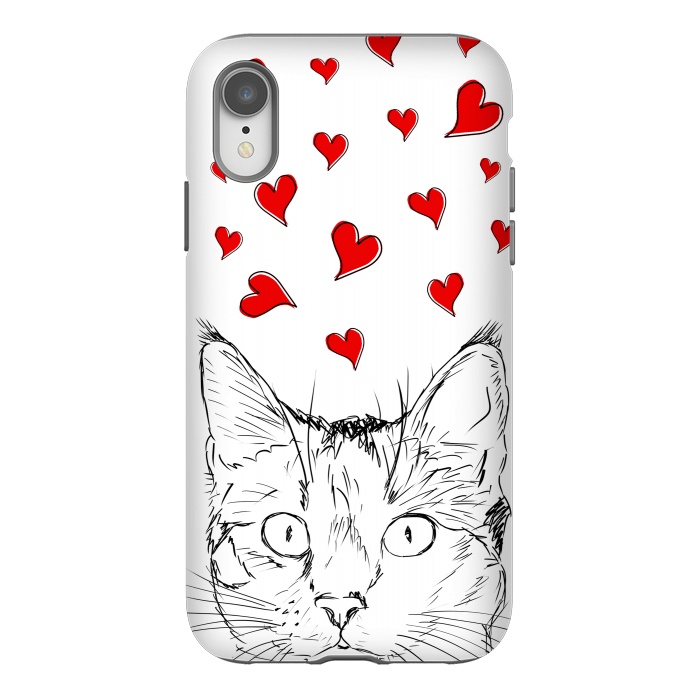 iPhone Xr StrongFit Cute line art cat and red hearts by Oana 