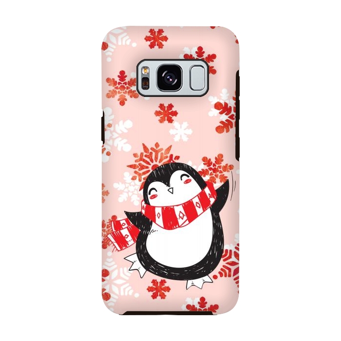 Galaxy S8 StrongFit Happy penguin and metallic snowflakes - winter illustration by Oana 