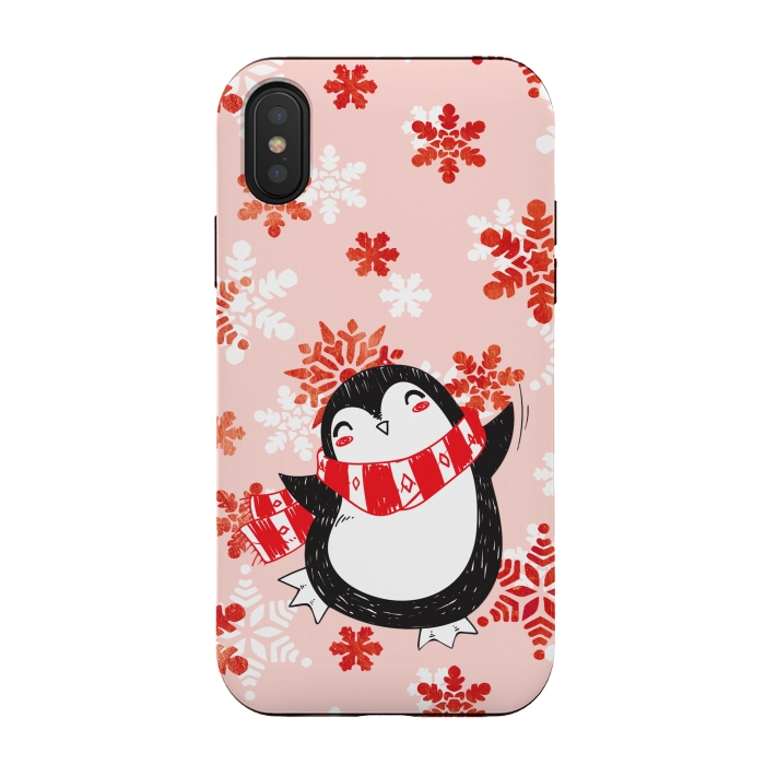 iPhone Xs / X StrongFit Happy penguin and metallic snowflakes - winter illustration by Oana 