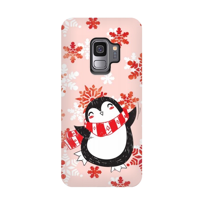 Galaxy S9 StrongFit Happy penguin and metallic snowflakes - winter illustration by Oana 