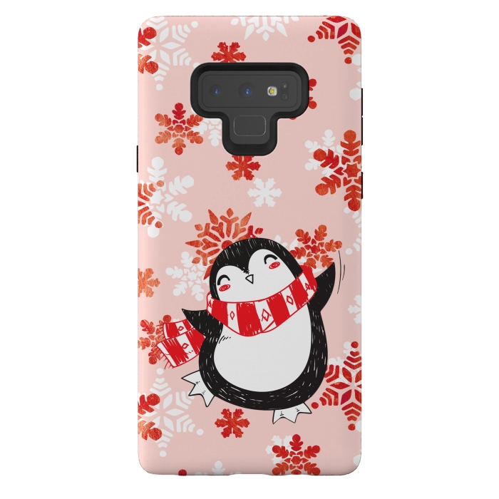Galaxy Note 9 StrongFit Happy penguin and metallic snowflakes - winter illustration by Oana 