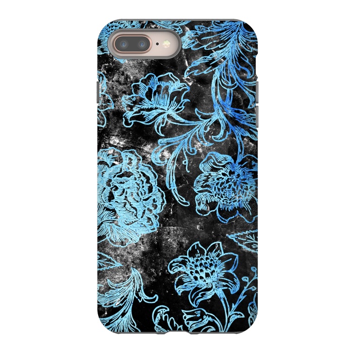 iPhone 7 plus StrongFit Blue line art flowers on black marble by Oana 