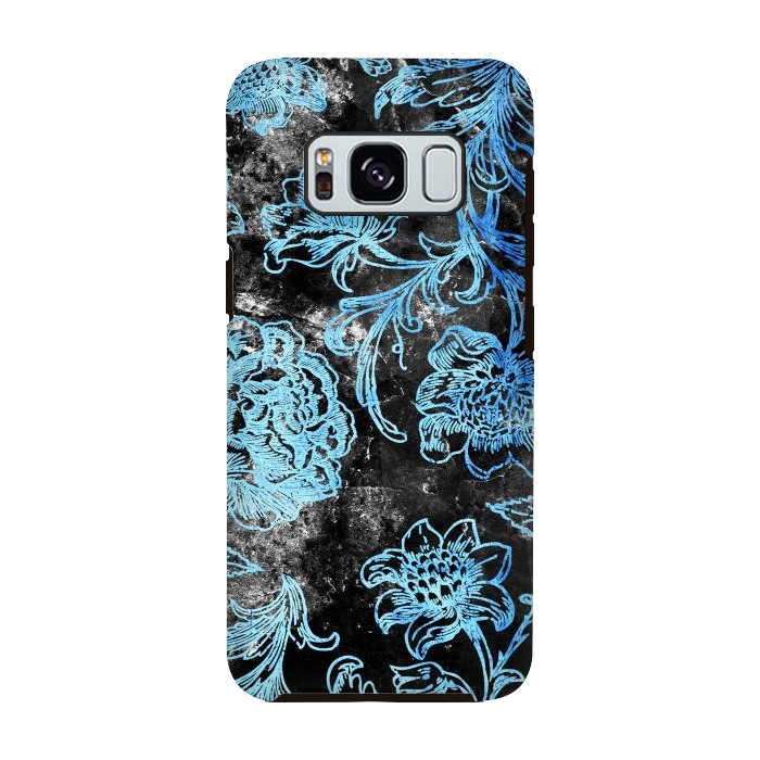 Galaxy S8 StrongFit Blue line art flowers on black marble by Oana 