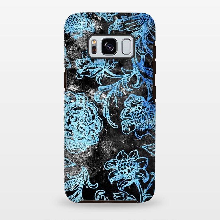 Galaxy S8 plus StrongFit Blue line art flowers on black marble by Oana 