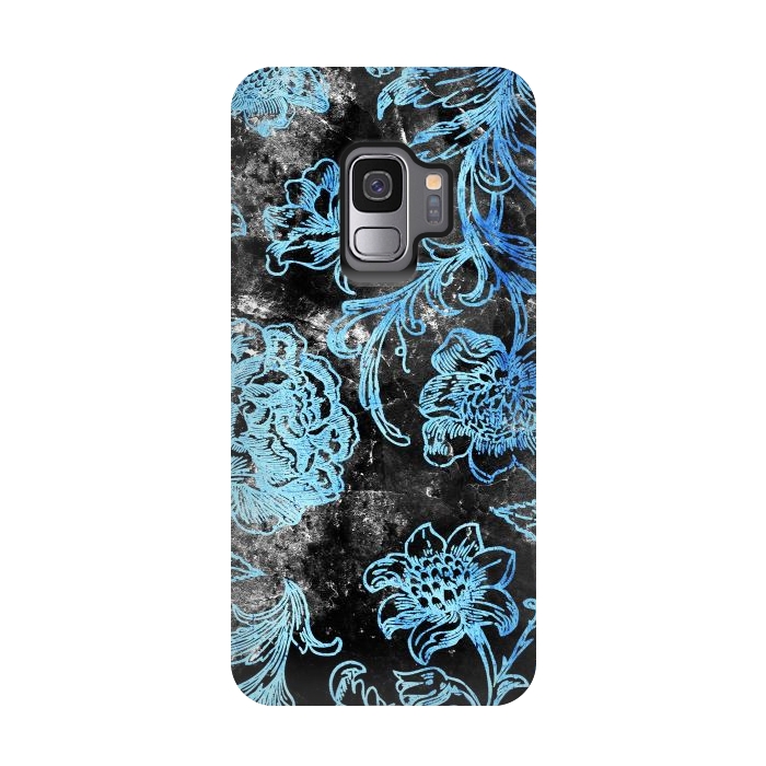 Galaxy S9 StrongFit Blue line art flowers on black marble by Oana 